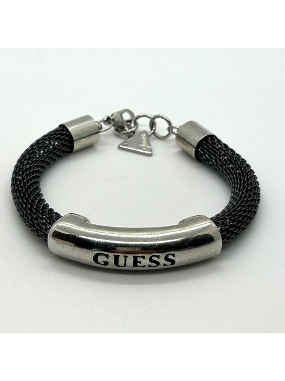 GUESS Gunmetal Tone Mesh ID Bracelet With Silver Logo Bar & Lobster Clasp For Wo
